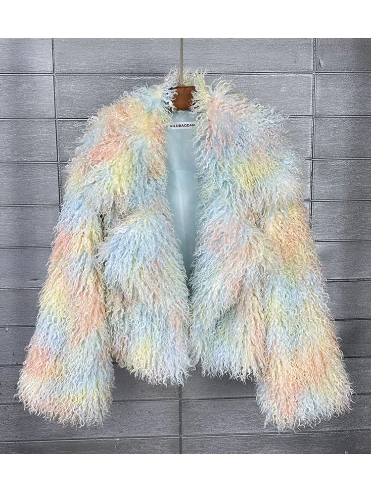 

ZADORIN 2025 Шикарное цветное пальто из монгольского меха с лацканами, женская дизайнерская одежда, куртка из искусственного меха, пальто, зимний топ, плюшевое пальто из искусственного меха