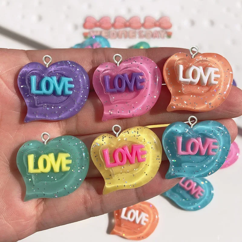 10Pcs New glitter love heart resin charms pendants for jewelry making bracelets necklace earrings accessories flatback cabochon