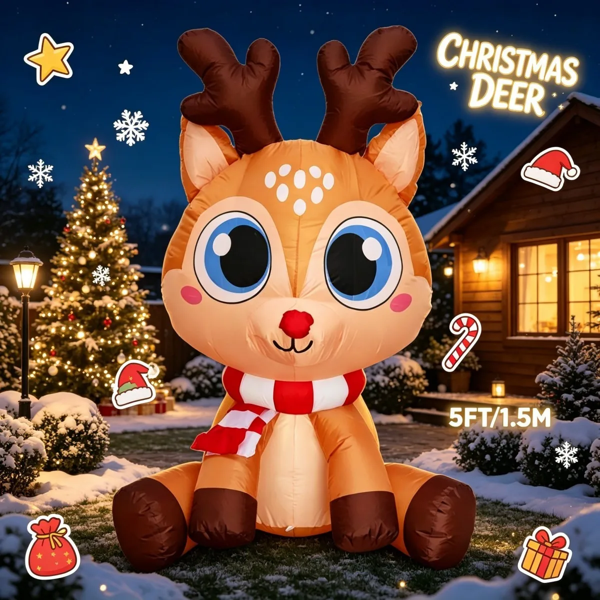 Inflatable Reindeer Christmas Blow Up Deer Built in LED Cute Sitting Xmas Garden Lawn Indoor Outdoor Holiday Party Display