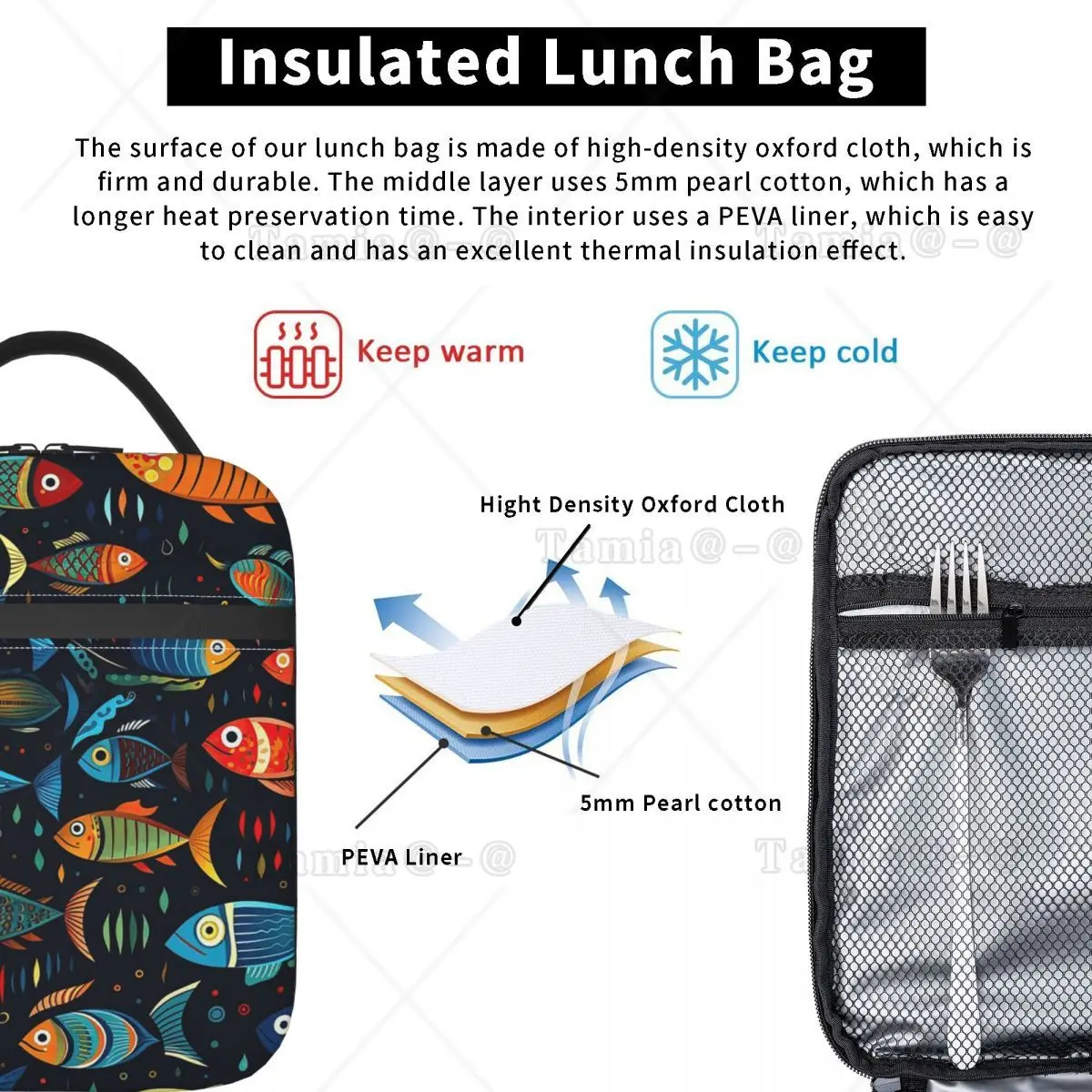 Cartoon Abstract Fish Variety Illustrated Catalog Insulated Lunch Bag for Women Kids Leakproof Food Boxes Thermal Lunch Box Tote