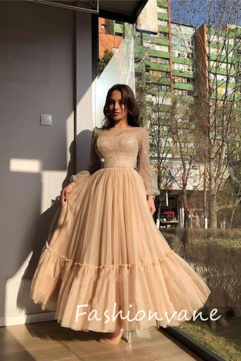 

Fashionvane 2024 Customized Women A-Line Strapless Long Sleeves Tulle Pleated Prom Dress Evening Party Gown Cocktail Dress