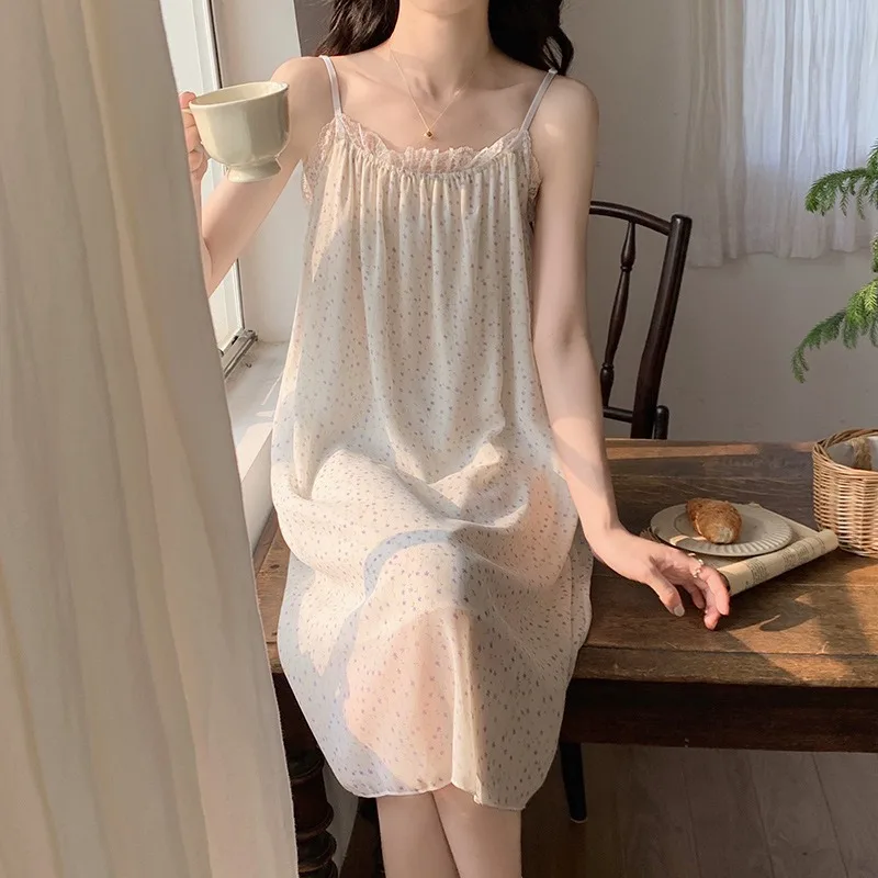 Ins Sleepwear Women's Singles Summer Nightgown Floral Small Fragrance Style Suspender Sleeveless Dress Thin Girls' Home Wear