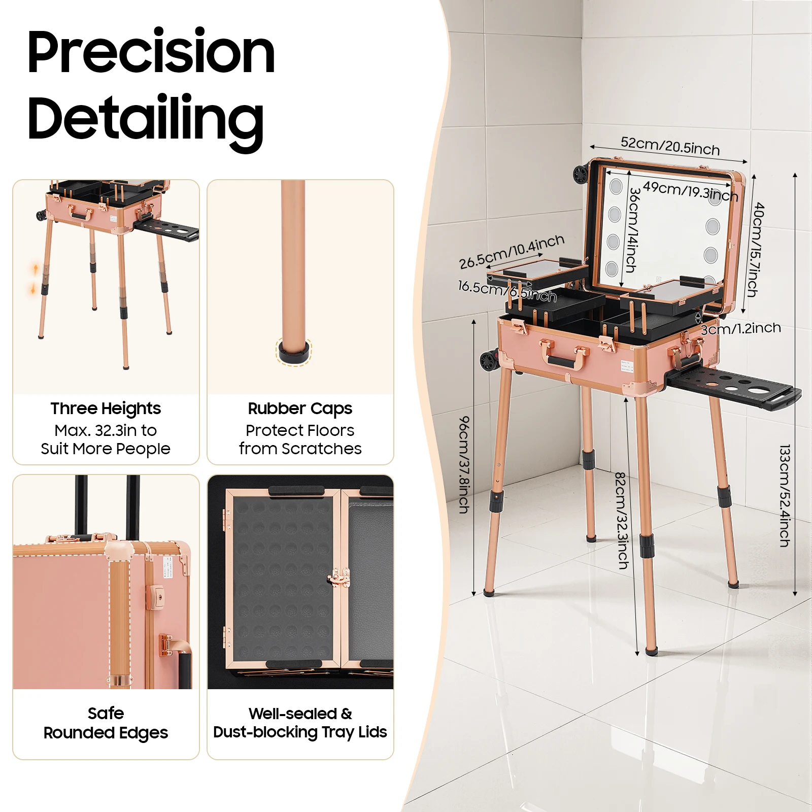 Professioneller Make-up-Koffer 3-stöckig 50kg Kapazität 8 LED-Lichter 3-stufig dimmbar Salon-Rollkoffer für Make-up-Künstler Friseur Nageltechniker Schönheit Rosa/Schwarz – Detail 4