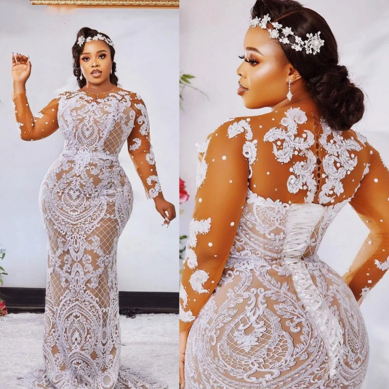 

Plus Size Appliques Sheer Neck Jewel Long Sleeves lllusion Bridal Gowns Wedding Dress Custom Made Lace Up Vestido de novia