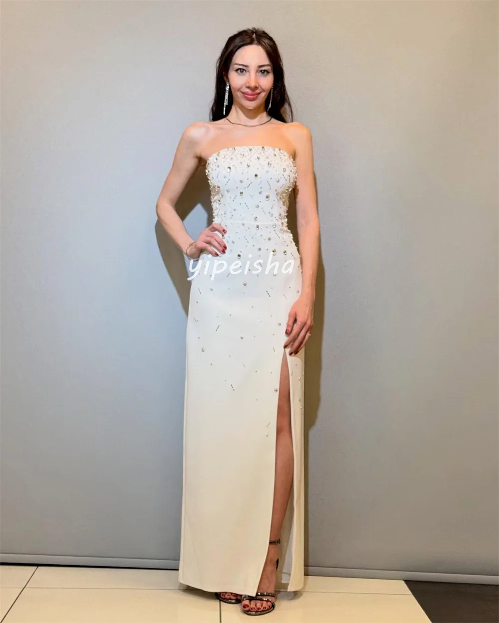 Customized Matching Intricate Jersey Beading Sequined Rhinestone Straight Strapless Long Dresses Bespoke Occasion Dresses Retro