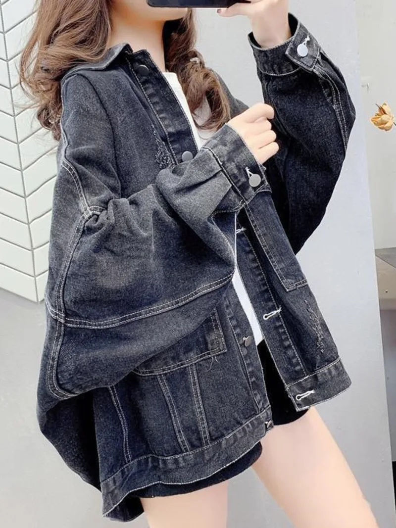 Giacca di Jeans donna nero blu giacca di Jeans versione coreana primavera autunno Jeans cappotto Casual Harajuku Streetwear donna Vintage