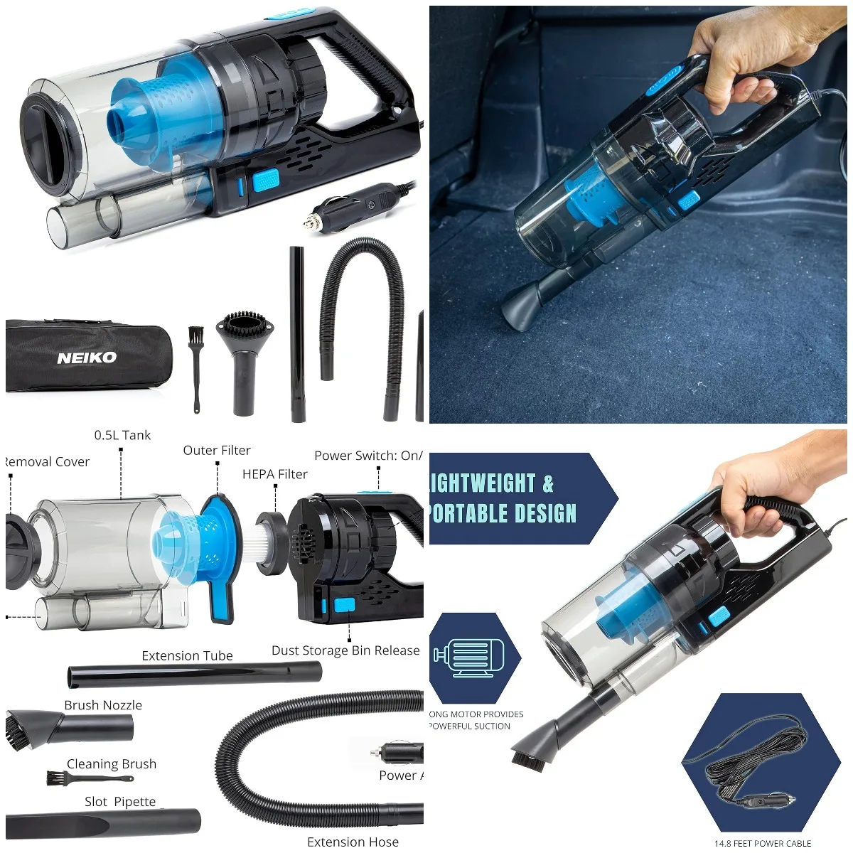 

Portable Wet Dry Car Vacuum, High Power, Small Vacuum for Vehicle Detailing, 12V DC Power, Best for Automotive or Boat