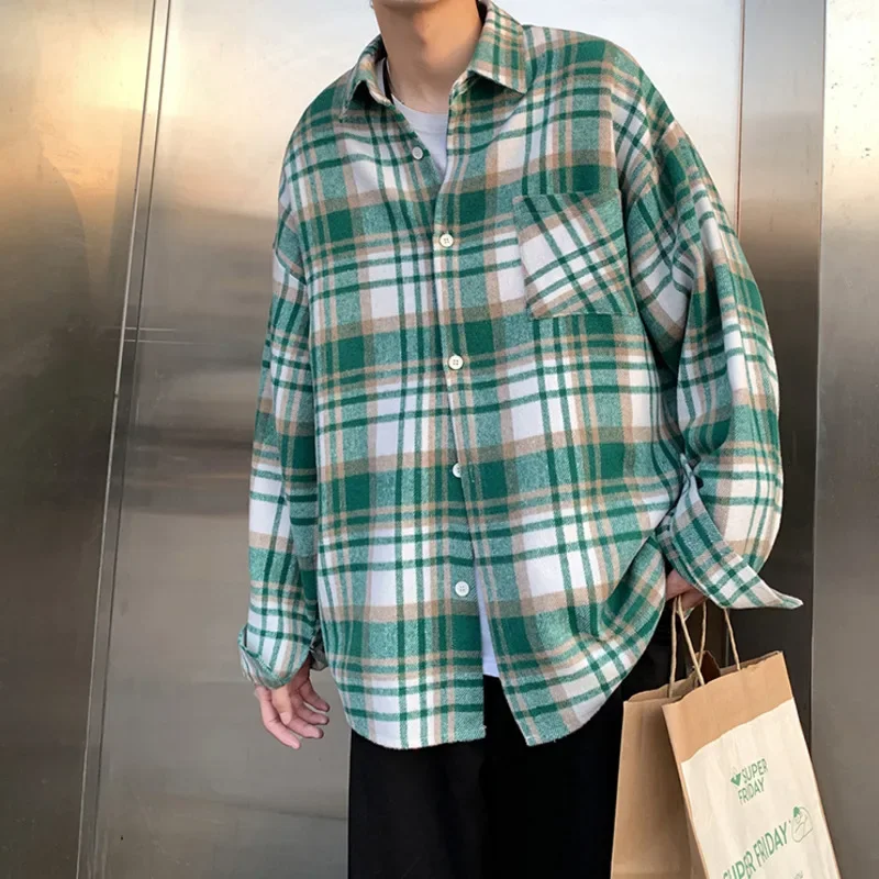 Pop Autumn Thick Woolen Shirt Men Fashion Retro Casual Oversized Plaid Shirts Mens Korean Blue/Green Loose Long-sleeved Shirt Me