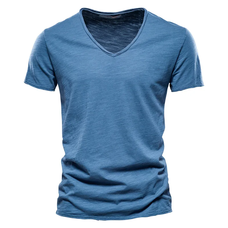 Nowy 100% bawełniany T-shirt męski Topy z dekoltem V Cienkie koszulki z krótkim rękawem Wysokiej jakości męska moda Fitness Gorąca koszulka dla mężczyzn Rozmiar S-5XL