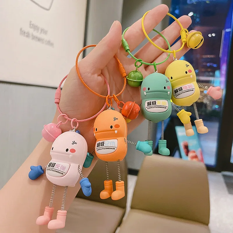 Cartoon Retractable Spring Neck Dinosaur Doll Keychain With Bell Creative Dinosaur Creative Durable Cartoon Keychain Decoration