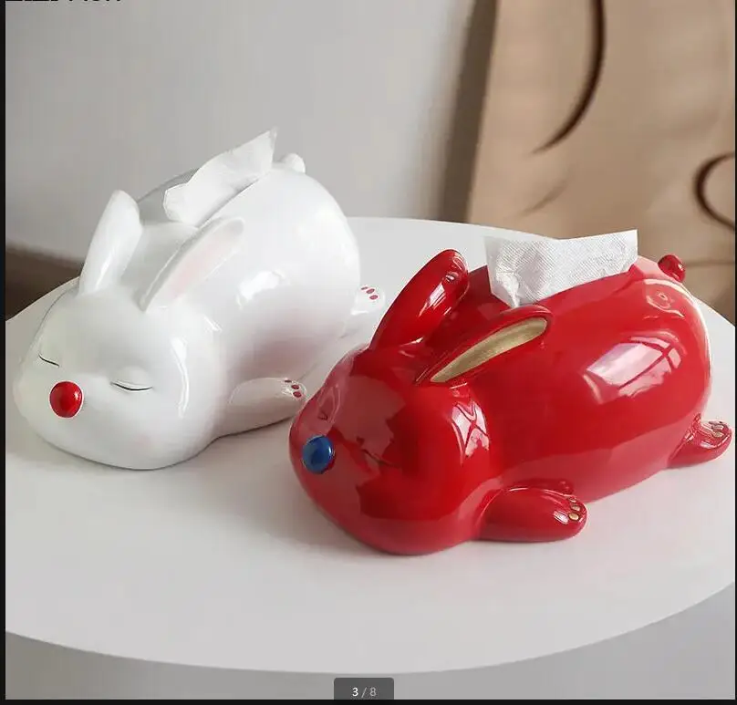 Cute Rabbit Tissue Box Living Room Table Handicraft Storage White Resin Nordic Home Decoration Art