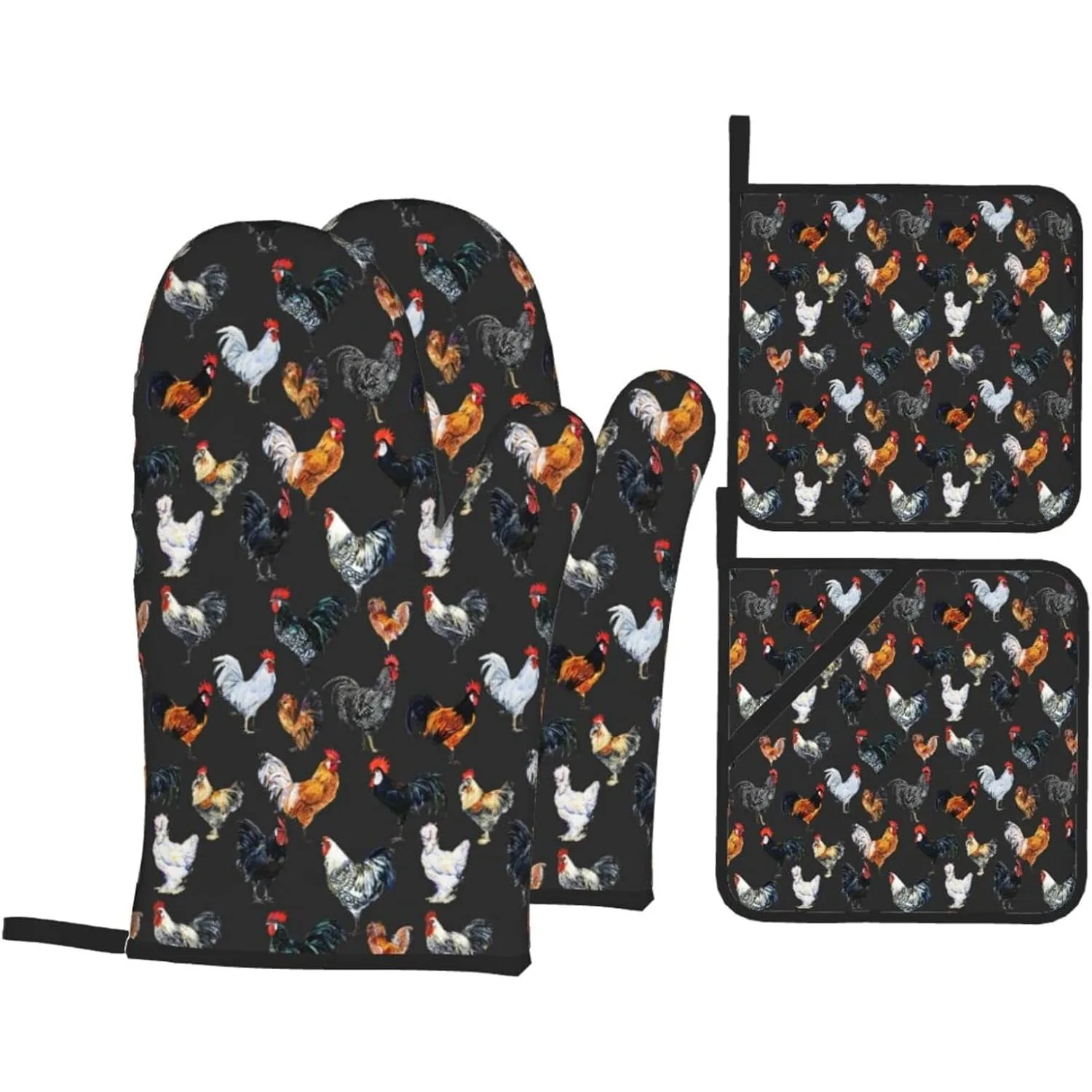 Chicken Oven Mitts and Pot Holders Sets of 4 Rooster Oven Gloves Set Cock Kitchen Mitts Heat Resistant Farmhouse Potholders