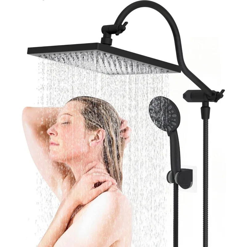 10 Inch High Pressure Rainfall Shower Head/Handheld Showerhead Combo with 12 Inch Adjustable Curved Shower Extension Arm,7-Spray