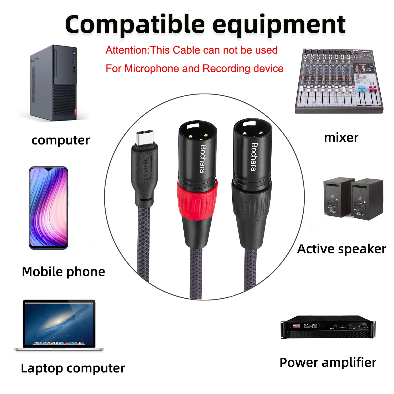 Bochara Braided Type C to Dual XLR Male OFC Audio Cable Dual Shielded Built in Chipset 32bit@384KHZ For Speakers Amplifier Mixer