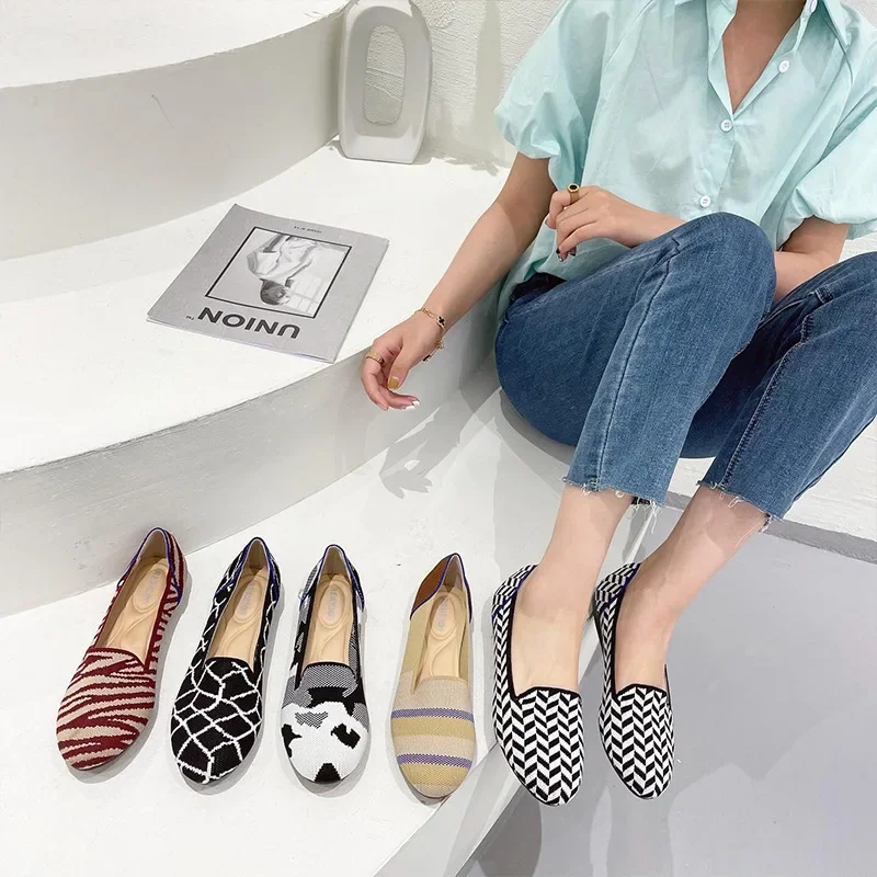أحذية الباليه الموضة 2025 الربيع والخريف جديد محبوك الفم الضحلة شقة جولة تو أحذية نسائية عادية كبيرة #3