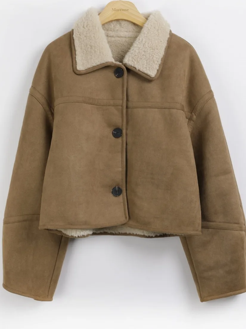 معطف فرو خروف شتوي أنيق بتصميم عتيق بزر واحد وياقة ثابتة من المخمل الدافئ للسيدات ملابس خارجية طويلة