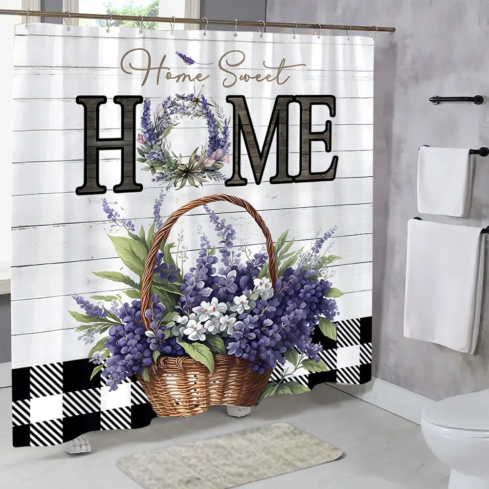 Rustic Wooden Panel Lavender Shower Curtain Watercolour Flower Basket Polyester Home Shower Curtains Bathroom Decor With Hooks