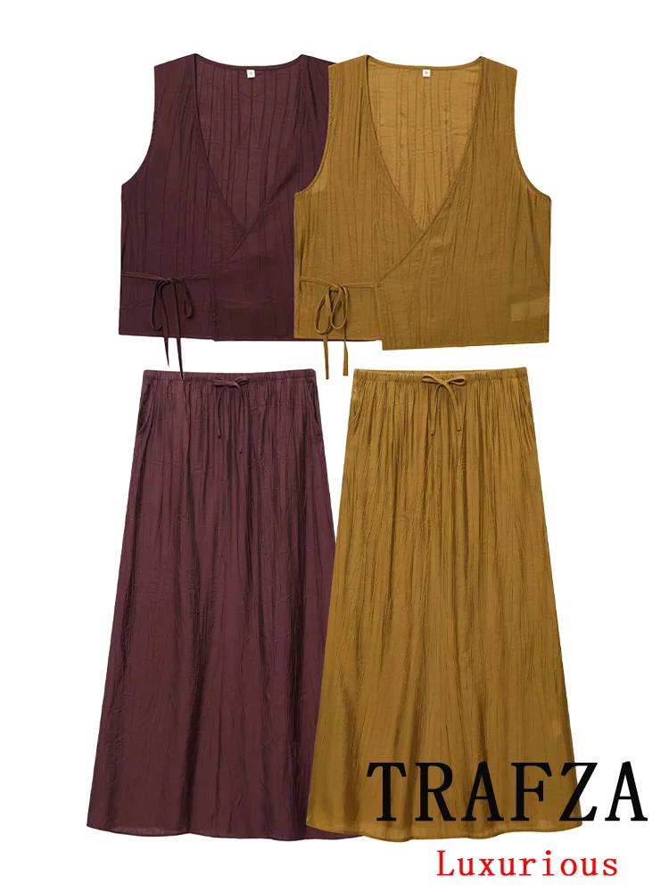 

TRAFZA Elegant Chic Women Suit Solid Sleeveless V-Neck Top Bow Long Skirt New Fashion Summer Comfort Casual Beach Holiday Set