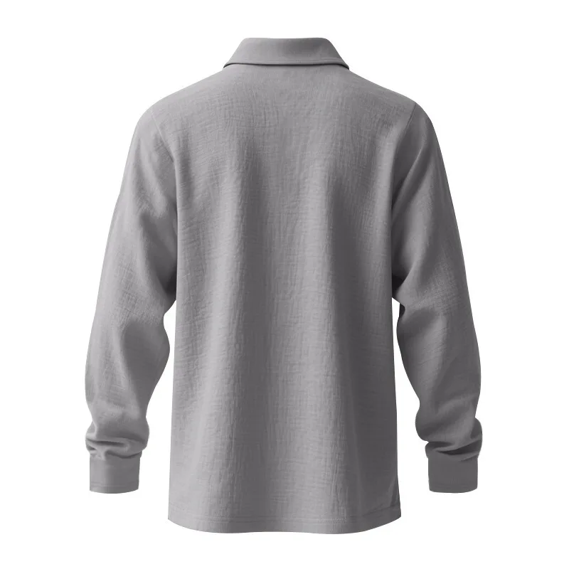 Leinen-Hemd mit Stehkragen und Knopfleiste, Herren Locker Sitzendes Atmungsaktives V-Ausschnitt Langarm-Polohemd – Detail 29