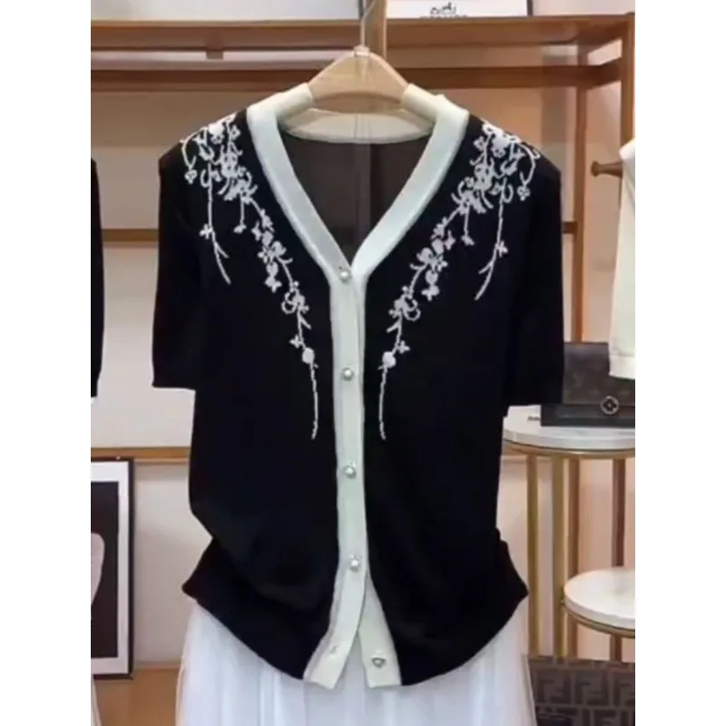 

Женская летняя блузка-кардиган с коротким рукавом, тонкая, дышащая, с V-образным вырезом, удобная, минималистичная, модная, универсальная