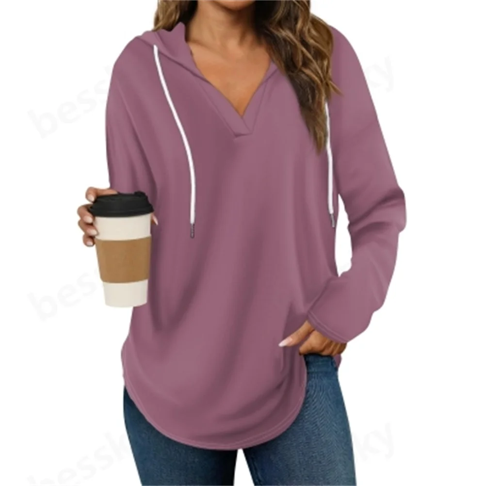 

Women's solid color V-neck casual sports hooded sweatshirt