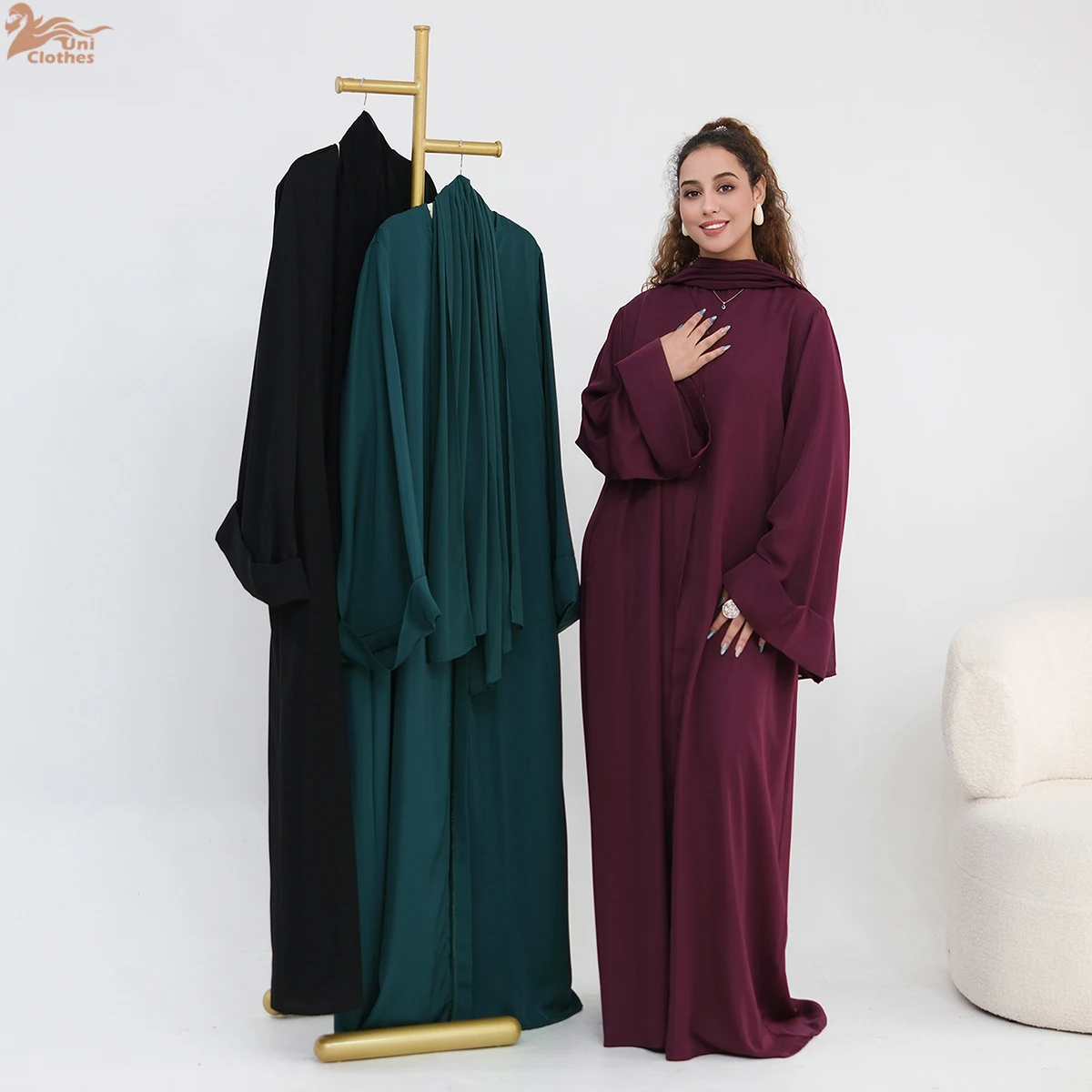 Uni Women's Dresses Islamic Women Abaya Modest Front Open Abaya and Inner Dress Matching Chiffon Hijab 3PCS Abaya Set Eid