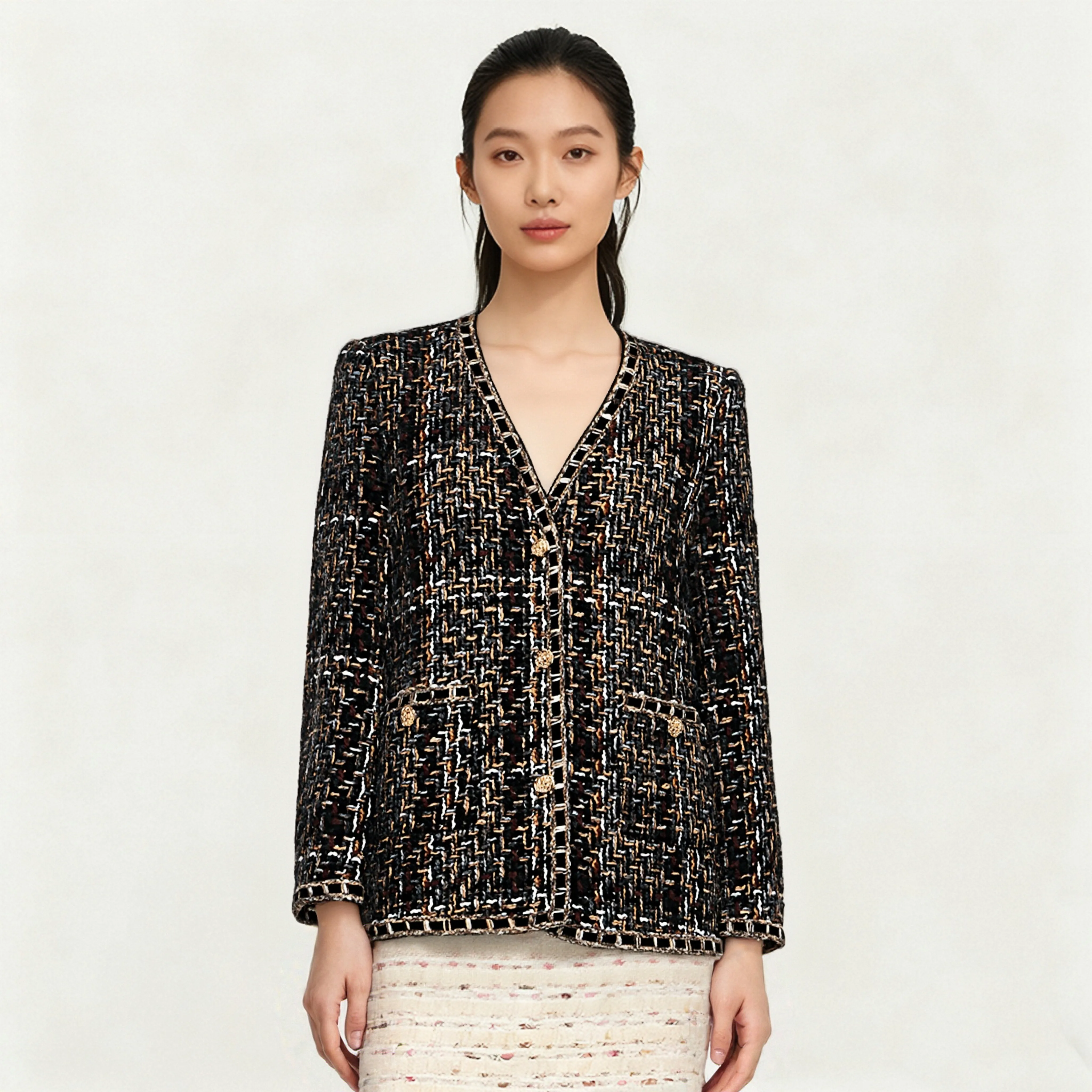

Monochrome Tweed Outerwear for Ladies, Fashionable and Comfortable, High-end Temperament, Coffee Color, Mid-length, New