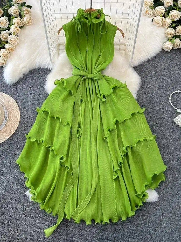 Summer Holiday Miyake Pleated Dress Women's Stand Collar Lace Up Sleeveless Elastic Oversized Ruffles Boho Robe Loose Vestidos