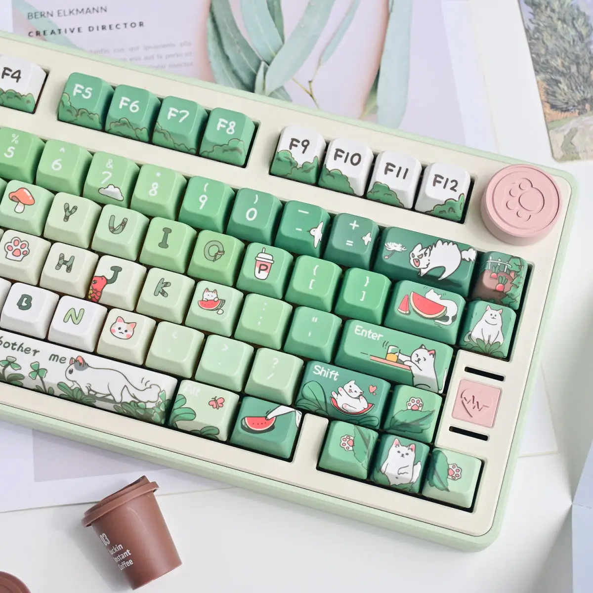 Teclado mecânico Keycaps, desenhos animados pintados à mão criativos, menina bonito, gato irritado, verde, PBT, MDA, cereja, menina, DIY, 134 chaves