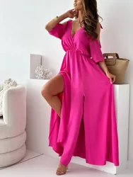 Sexy Backless Lace-up Long Dresses For Women 2024 Fashion V-neck Elastic Off Shoulder Sleeve High Split Holiday Party Dress Robe