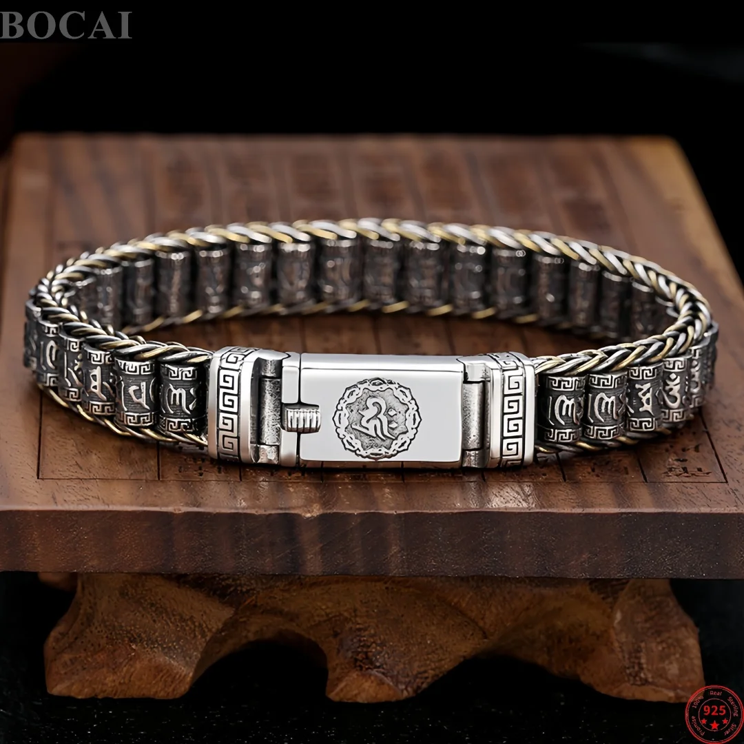BOCAI S925 Silver Charms Bangle for Men Six Character Mantra Prayer Wheel Two-tone Electroplating Bracelets Fine Choice Jewelry
