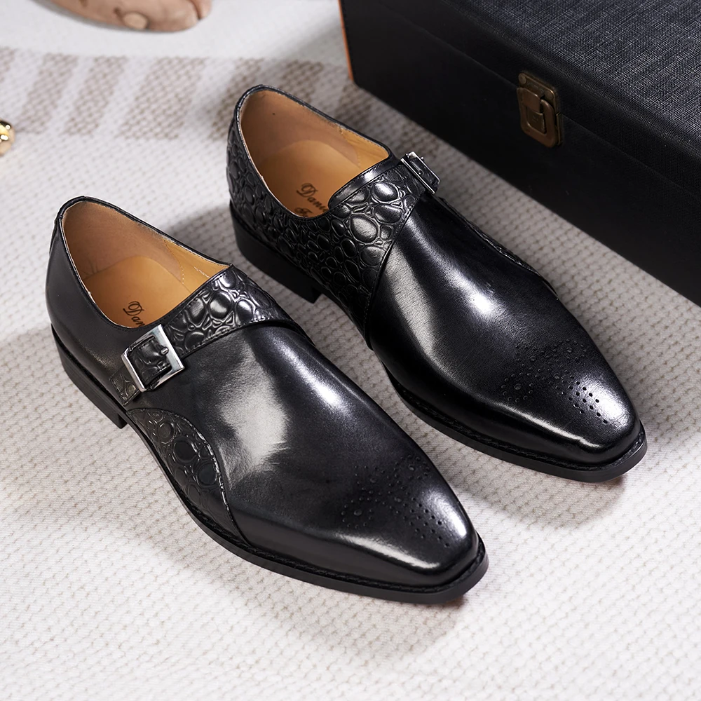 Luxury Mens Wedding Dress Shoes Cowhide Genuine Leather Buckle Monk Strap Men Italian Shoes Business Office Formal Shoes Male