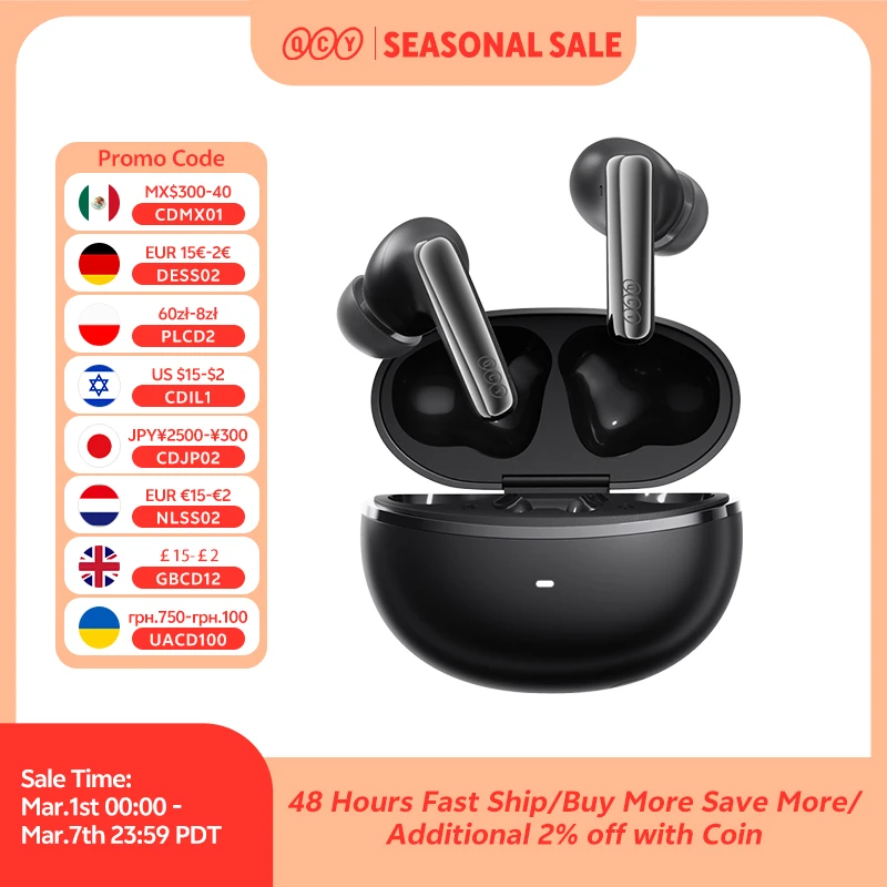 QCY MeloBuds N70 Адаптивные беспроводные наушники ANC Bluetooth 6.0 LDAC Hi-Res Audio 6 микрофонов Беспроводная зарядка Наушники 50 часов IPX5