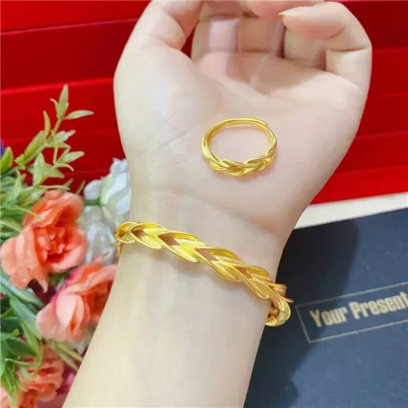 Plated 100% 24K Real Gold 18K Ancient Style Wheat Bracelet Style Gold Pattern Twist Bangle Female Ribbon Roll Ring Jewelry Set