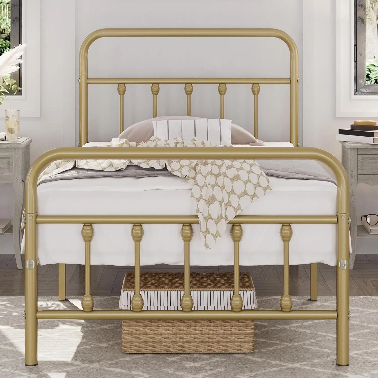 

Bed frame, mattress base, wrought iron headboard/footrest/under bed storage/no need for springs/double size antique gold