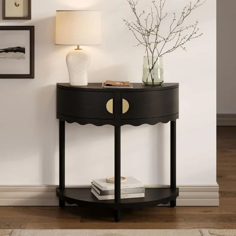 HOME.Scalloped Skirt Half Moon Console Table  Living Room Furniture - Solid Wood Entryway Table with Two Doors (Blackened Oak)