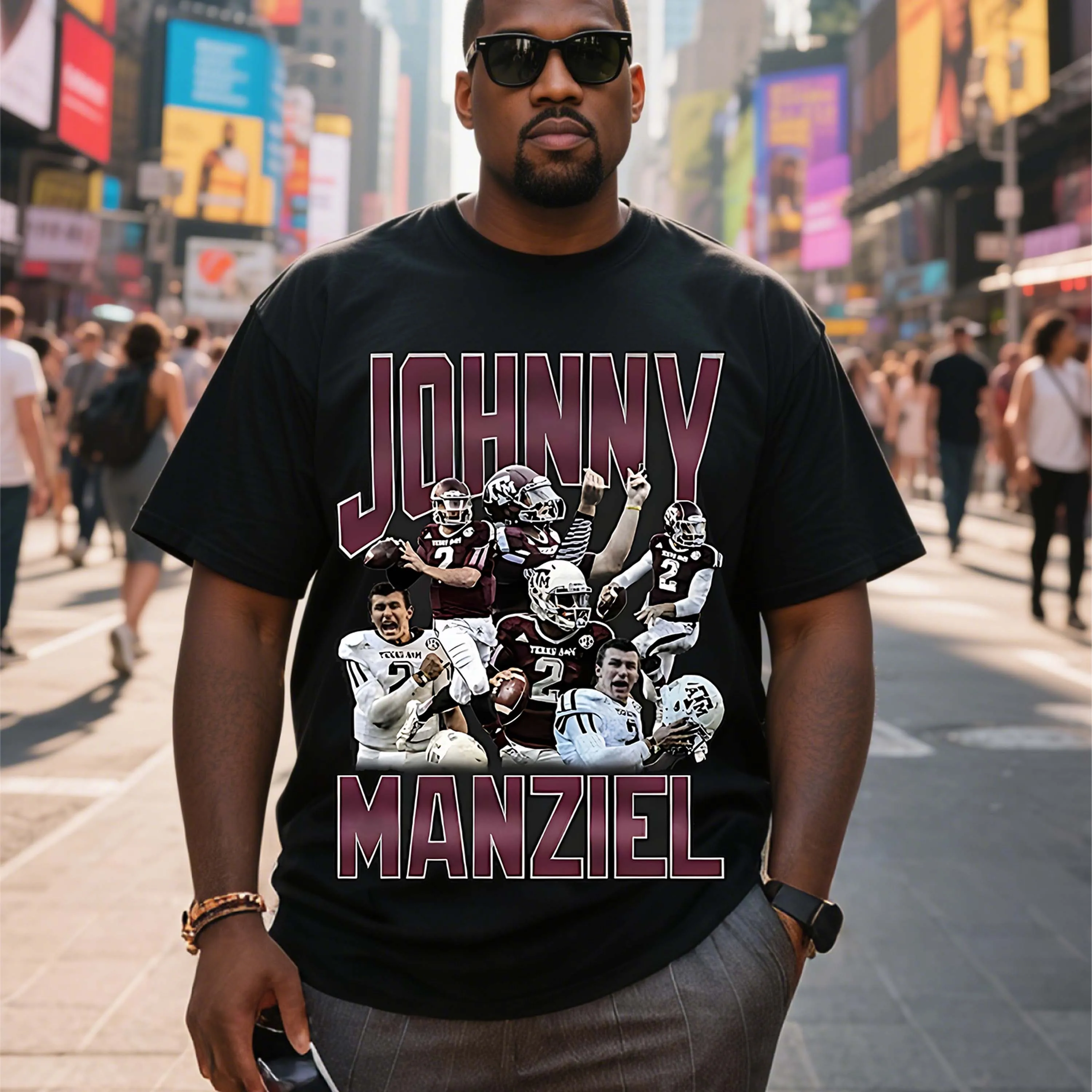 Plus Size Johnny Manziel Football Player Graphic Black Short Sleeve T-Shirt Suitable for Outdoor Leisure Wear in Summer