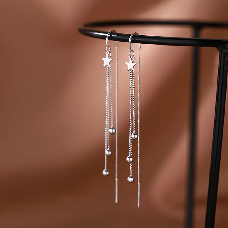 Designer 925 Sterling Silver Star Round Bead Long Tassel Dangle Earrings for Woman Exquisite Jewelry Accessories Gifts Colorfast