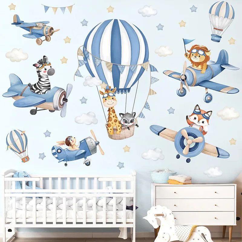 Large Blue Hot Air Balloon Animals Airplane Wall Sticker Baby Nursery Kids Room Giraffe Lion Fox Wall Decal Bedroom Living Room