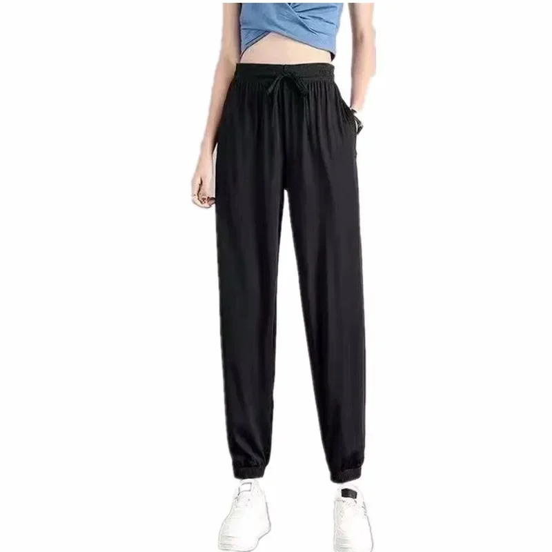 Ice Silk Sweatpants Women Loose Drawstring Feet Summer Thin Casual Trousers Drape Thin Big Yards Nine-minute Trousers Women