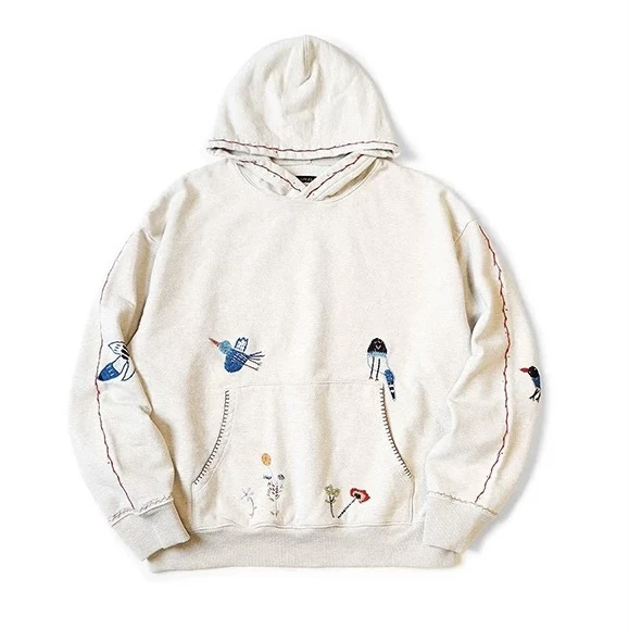 

KAPITAL 24AW Худи оверсайз из чистого хлопка с вышивкой цветов и птиц, повседневный, в японском стиле, дышащий, эластичный, устойчивый к сминанию