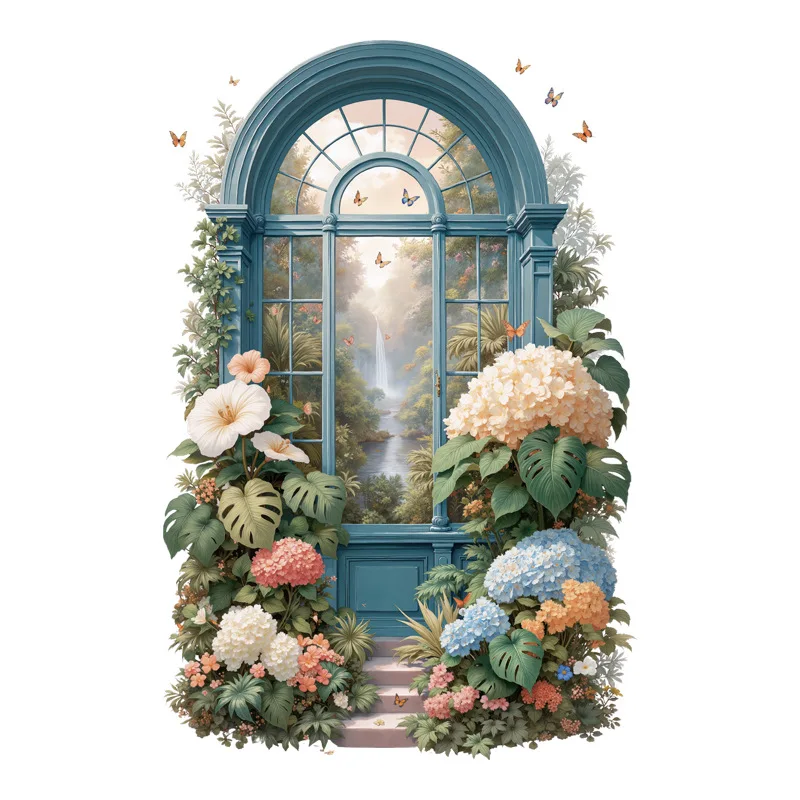 Vintage Teal Window Garden Wall Mural 3D Tropical Floral Butterfly Removable Wall Sticker for Bedroom Living Room Entryway Decor