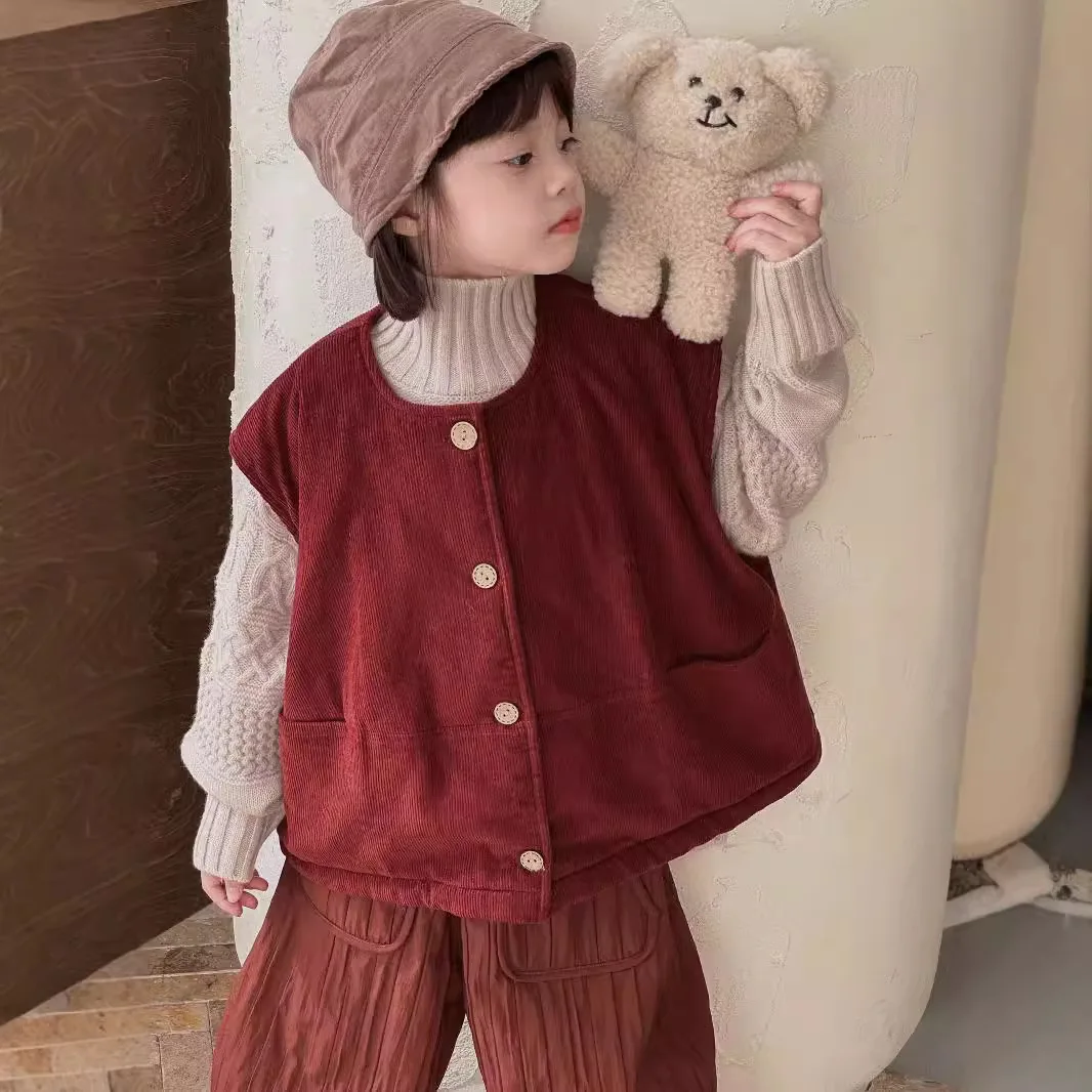 Korean children's clothing girls' vest 2024 autumn and winter new item children's unisex shoulder striped velvet vest