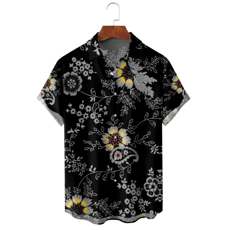 Floral Printed Black Summer Short Sleeve Shirt Beach Shorts Casual Men's Blouse Streetwear Holiday Party Wear