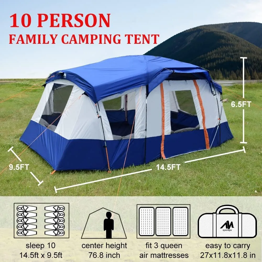 10 Person Tent Waterproof Multi Room Large Family Camping Tents with Skylight & Removable Rainfly, Portable Huge Cabin Tent