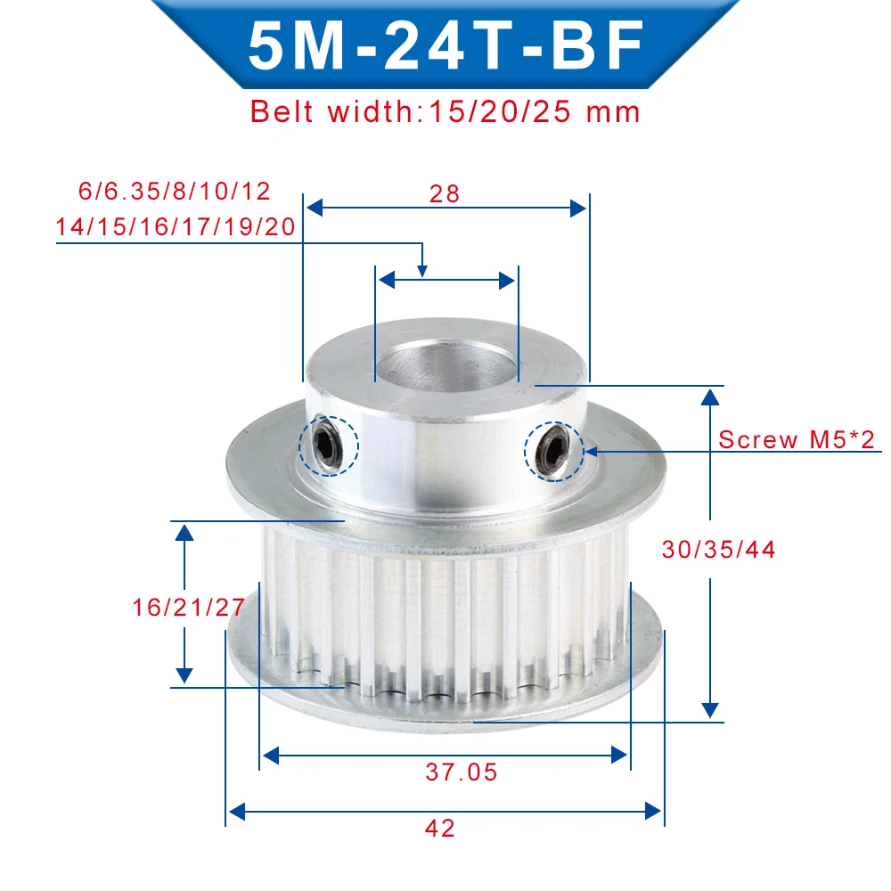 5M-24T Belt Pulley Bore 6/6.35/8/10/12/12.7/14/15/16/17/19/20 mm Alloy Pulley Wheel For 5M Rubber Belt Width 15/20/25mm