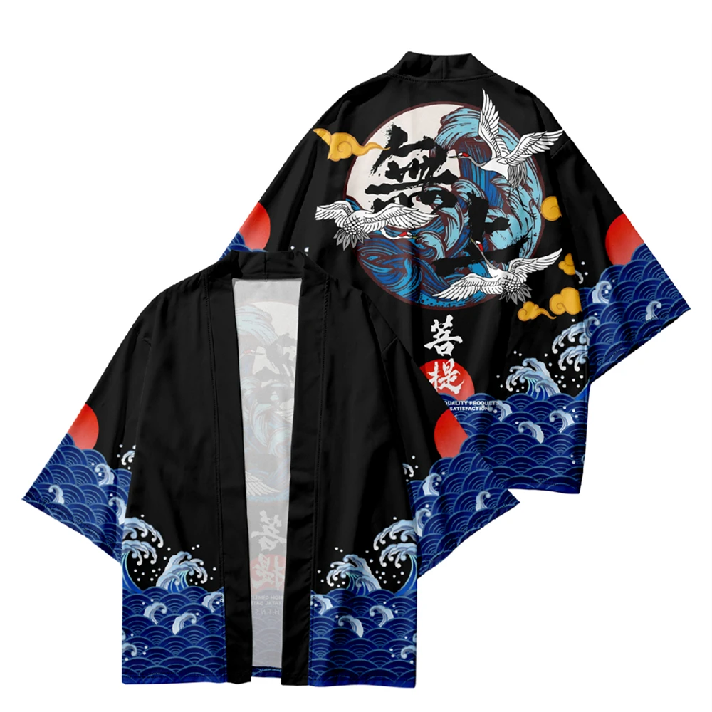 Japanese Streetwear Samurai Shirts Harajuku Prajna Crane Print Cardigan Tops Beach Traditional Haori Plus Size 4XL 5XL 6XL