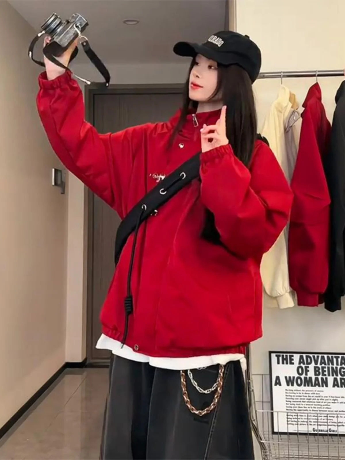 

Red Wine New Chinese Sle Stand Collar Men's Spring Autumn Design American Flight Jaet Tee-Proof Downproof Jaet