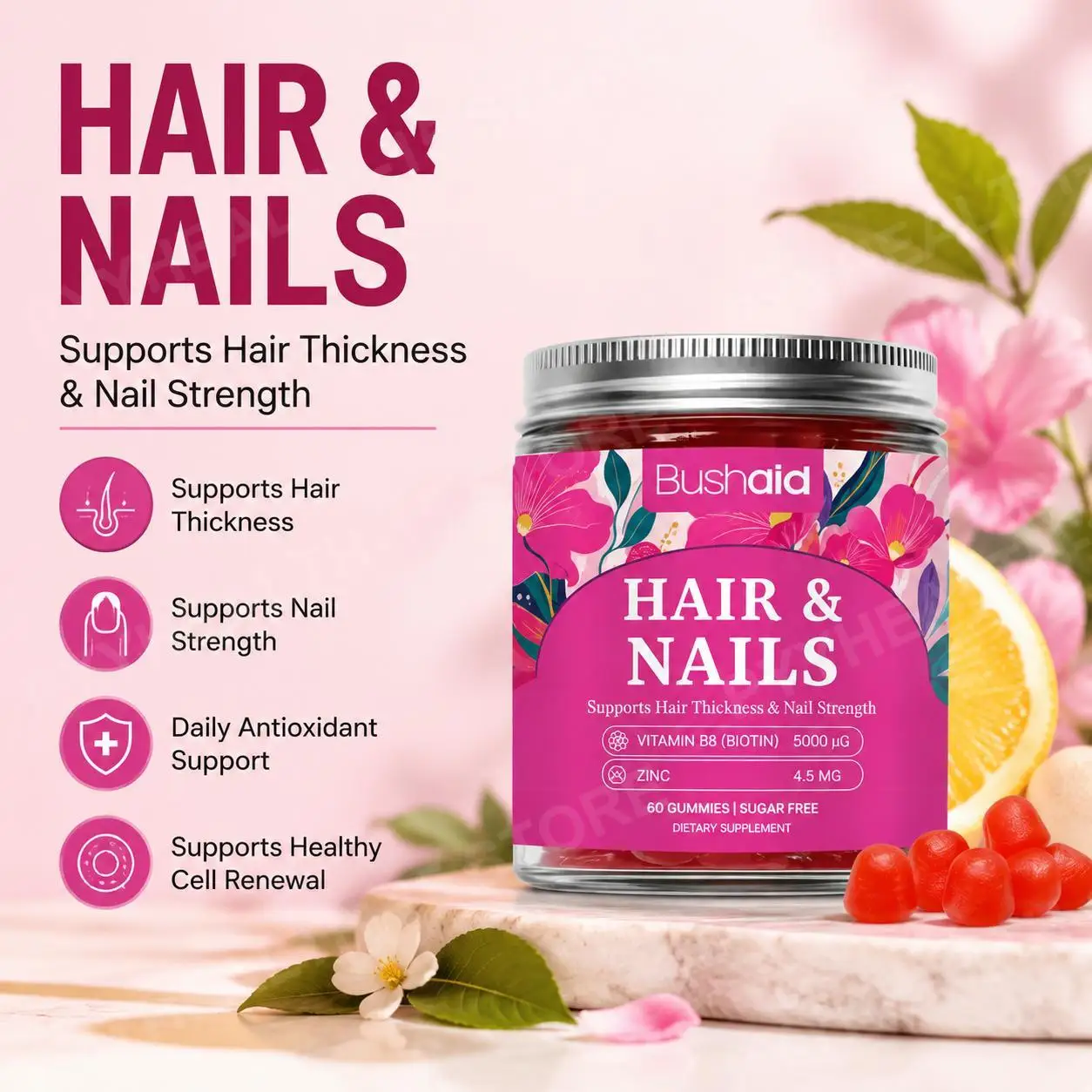 BushAid Biotin Hair & Nails Gummies 5000mcg with Zinc and Folate for Stronger-Looking Hair and Nail Wellness Support, 60 Count