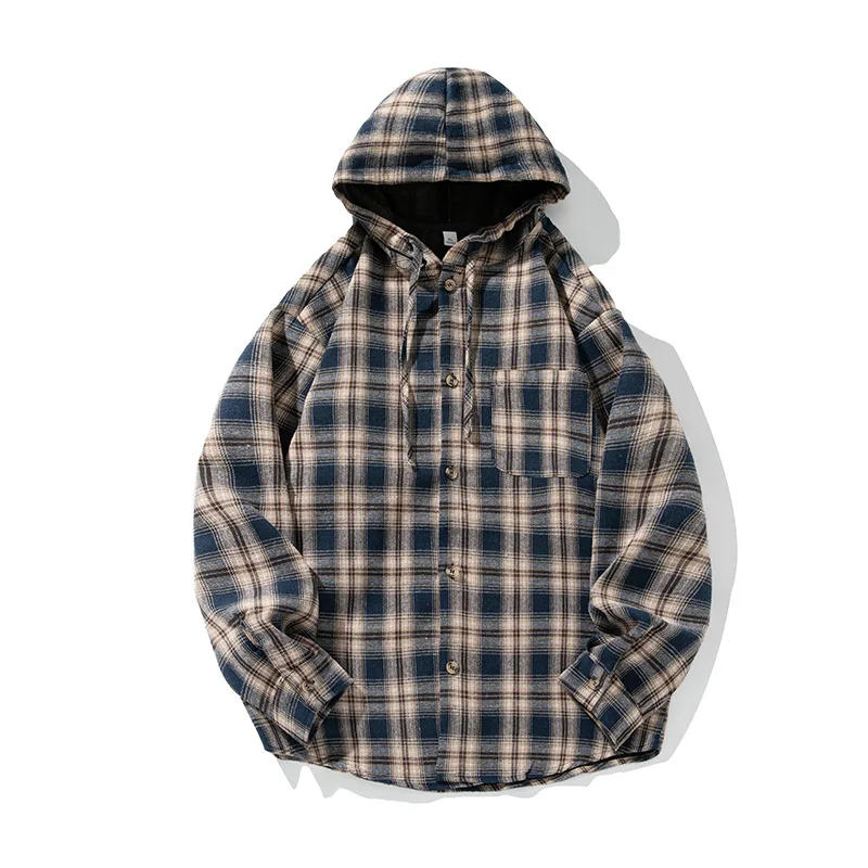 

Hooded Shirts Mens Plaid Spring Summer 2025 New Vintage Shirts Male Long Sleeve Fashion Streetwear Mans Coat